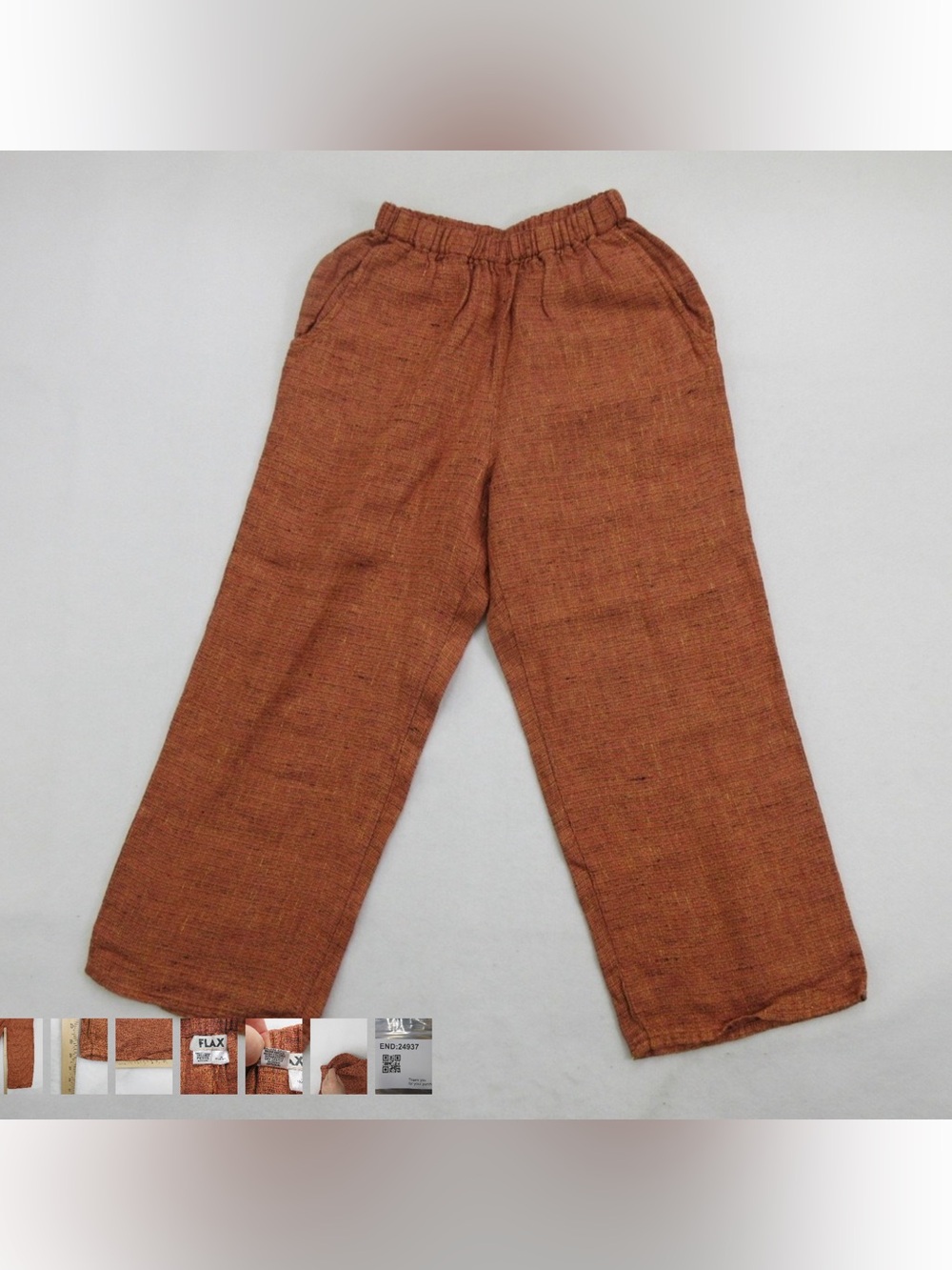 Flax Women Pants XS Rust 100% Linen Wide Leg Elastic Waist Cropped